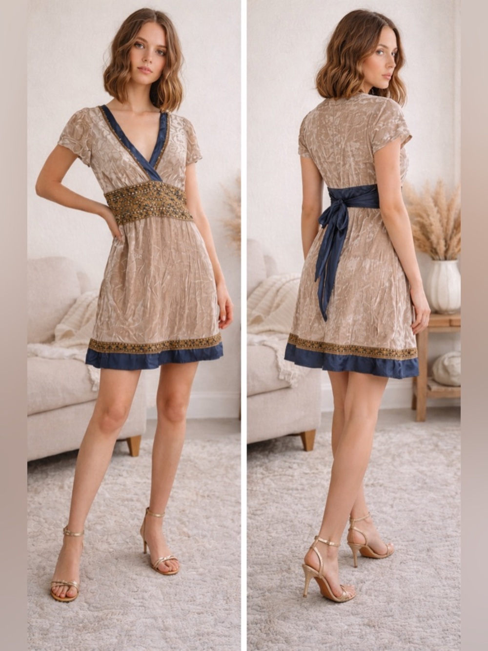 Vintage Hale Bob Silk Velvet Embroidered Mini Dress Boho Tie Back Size Small